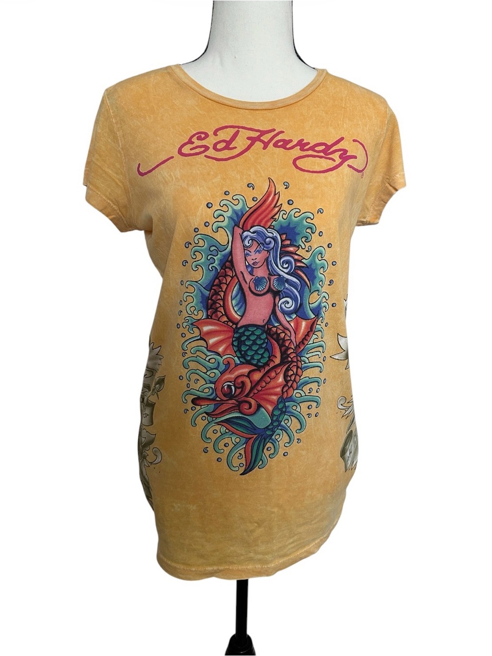 Y2K ED HARDY by Christian Audigier Vintage Longline Graphic Mustard T-Shirt.